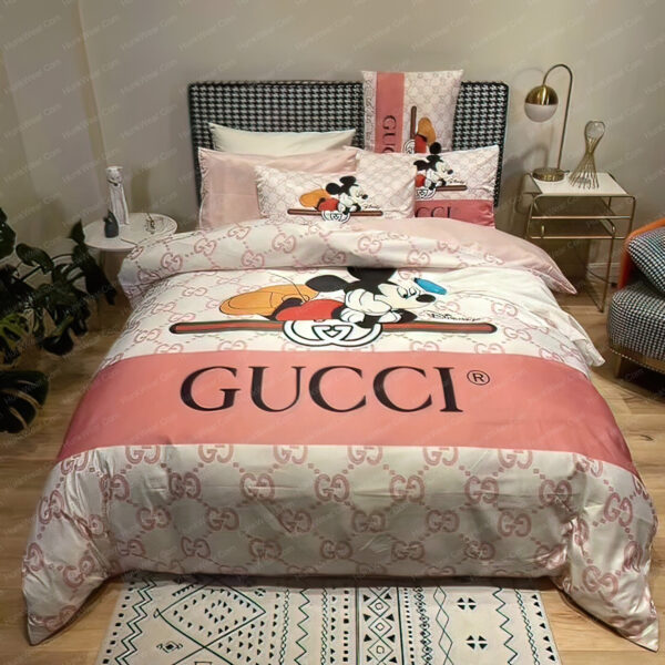 Best Gucci x Mickey Disney In Pink Monogram Background Bedroom Set