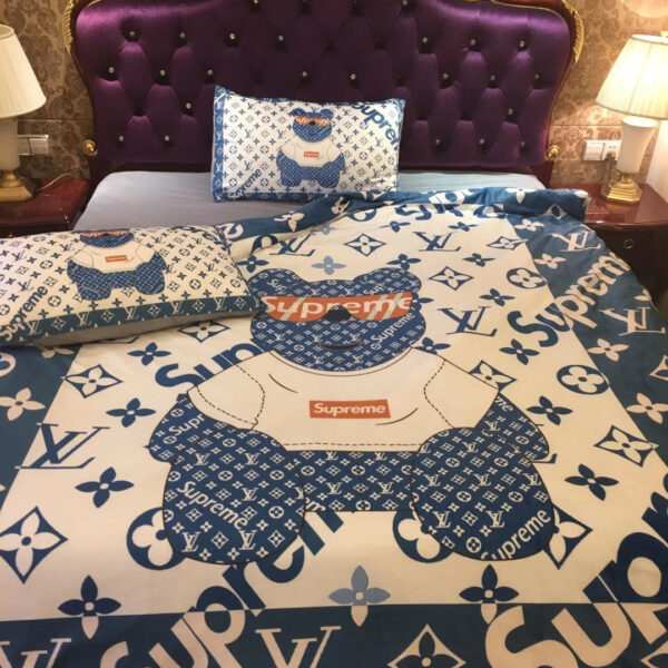 Best Louis Vuitton x Supreme Teddy Bear Bedding Set