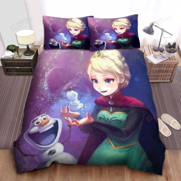 Disney Frozen Elsa & Olaf Creating Tiny Snowman Digital Painting Bed Sheets Spread Comforter Duvet Cover Bedding Sets