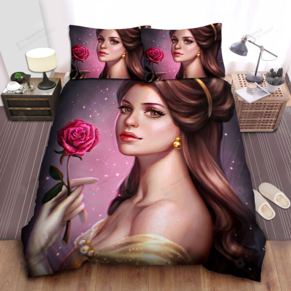 Disney Princess Belle Beautifully Holding The Rose Bed Sheet Spread Comforter Duvet Cover Bedding Sets