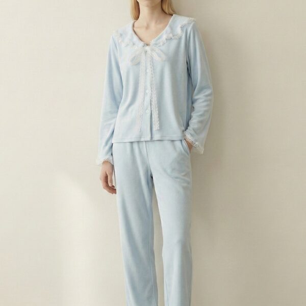 Alternative view of Rosy Velvet Coquette Lace Pajama Set / Blue