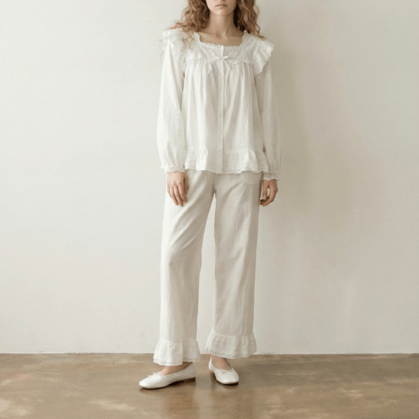 Alternative view of Sage White Lace Ruffle Cottage Pajama Set