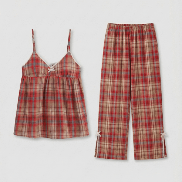Alternative view of Sweet Lace Red Plaid Ribbon Pajama Set / V Neck
